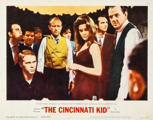 Original vintage US Lobby Card for 1965 drama, The Cincinnati Kid, starring Steve McQueen, measuring 11 ins by 14 ins