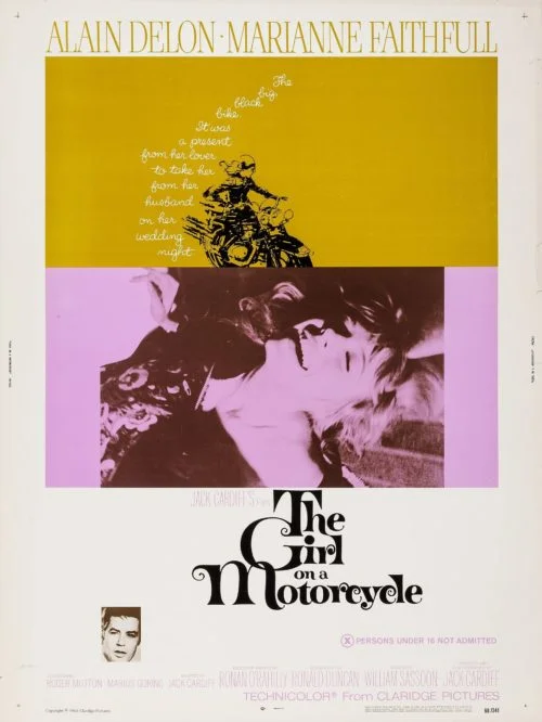 Original vintage US cinema poster for 1968 movie, The Girl on a Motorcycle, measuring 30 ins by 40 ins