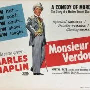 Original vintage British Quad cinema poster for 1947 comedy Monsieur Verdoux, starring Charlie Chaplin, measuring 30 ins by 40 ins