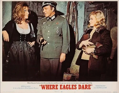 Original vintage US cinema lobby card for 1968 WWII classic adventure movie, Where Eagles Dare