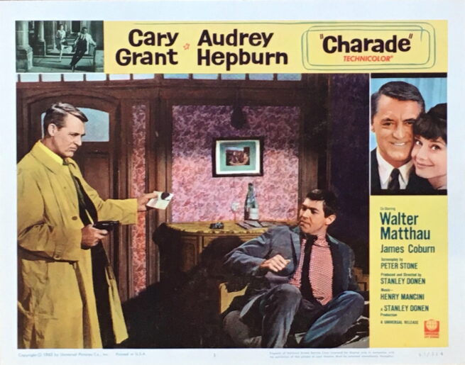Original vintage US cinema lobby card poster for the 1963 movie starring Cary Grant and Audrey Hepburn