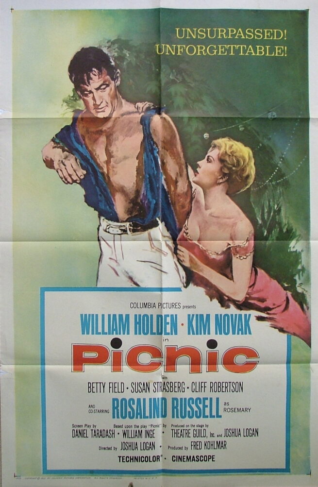 Vintage original cinema poster for Picnic with William Holden and Kim Novak
