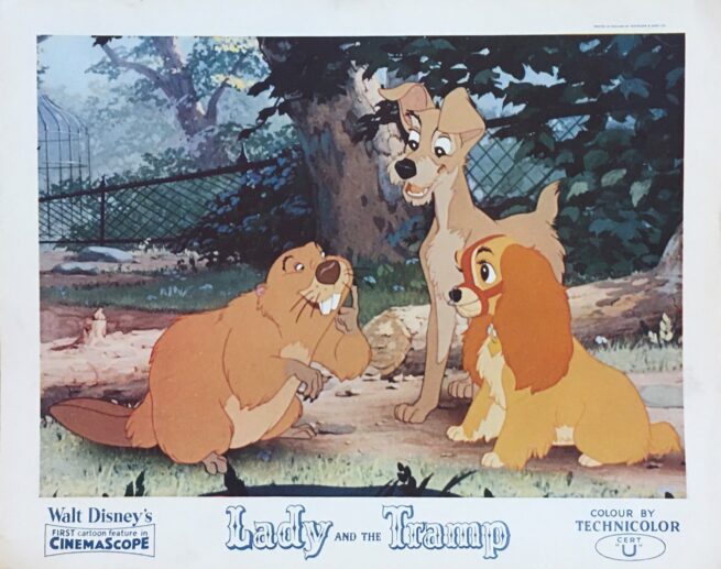 Original vintage UK cinema front of house lobby card movie poster for Disney classic, Lady and the Tramp