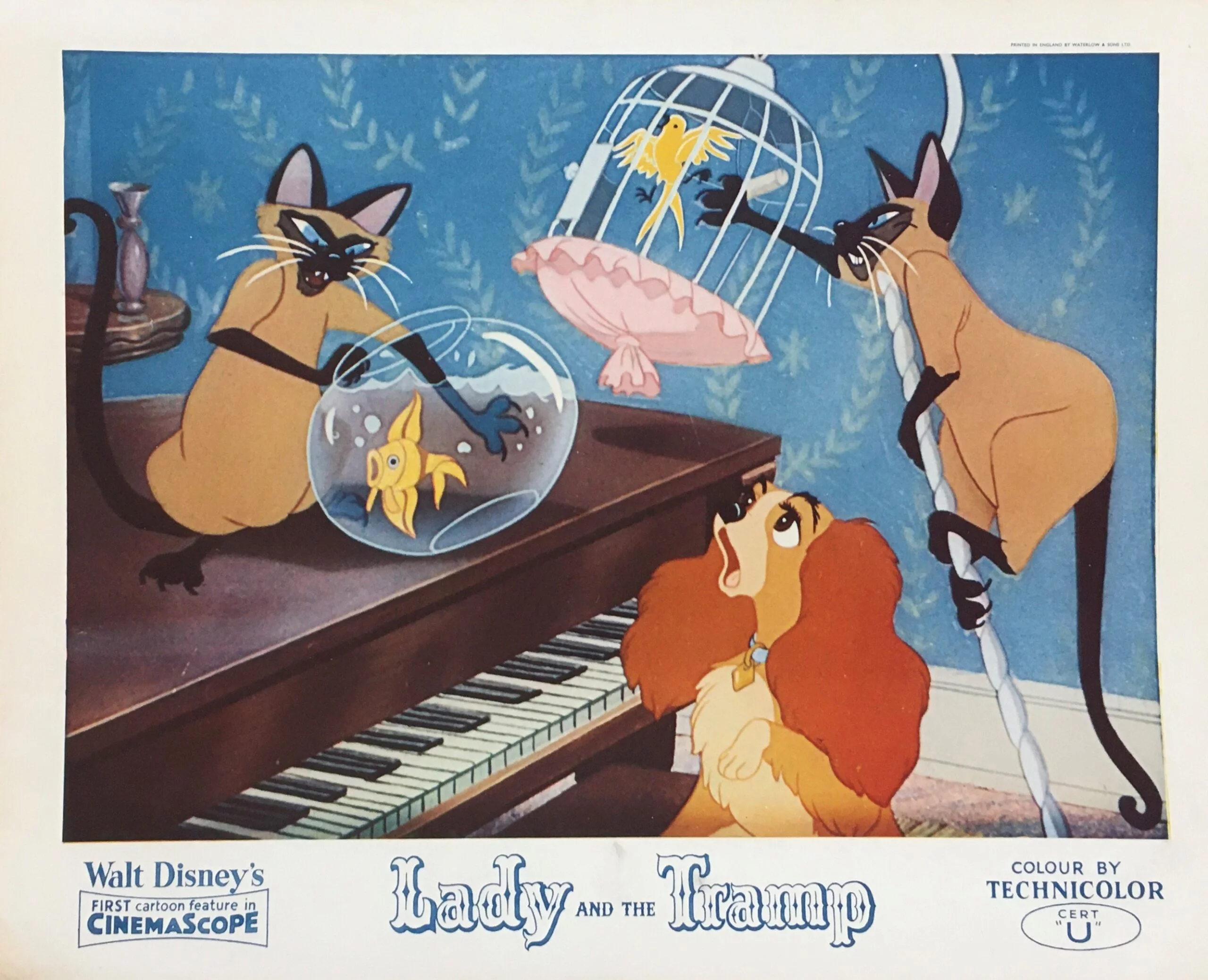 Original vintage UK cinema front of house lobby card movie poster for Disney classic, Lady and the Tramp